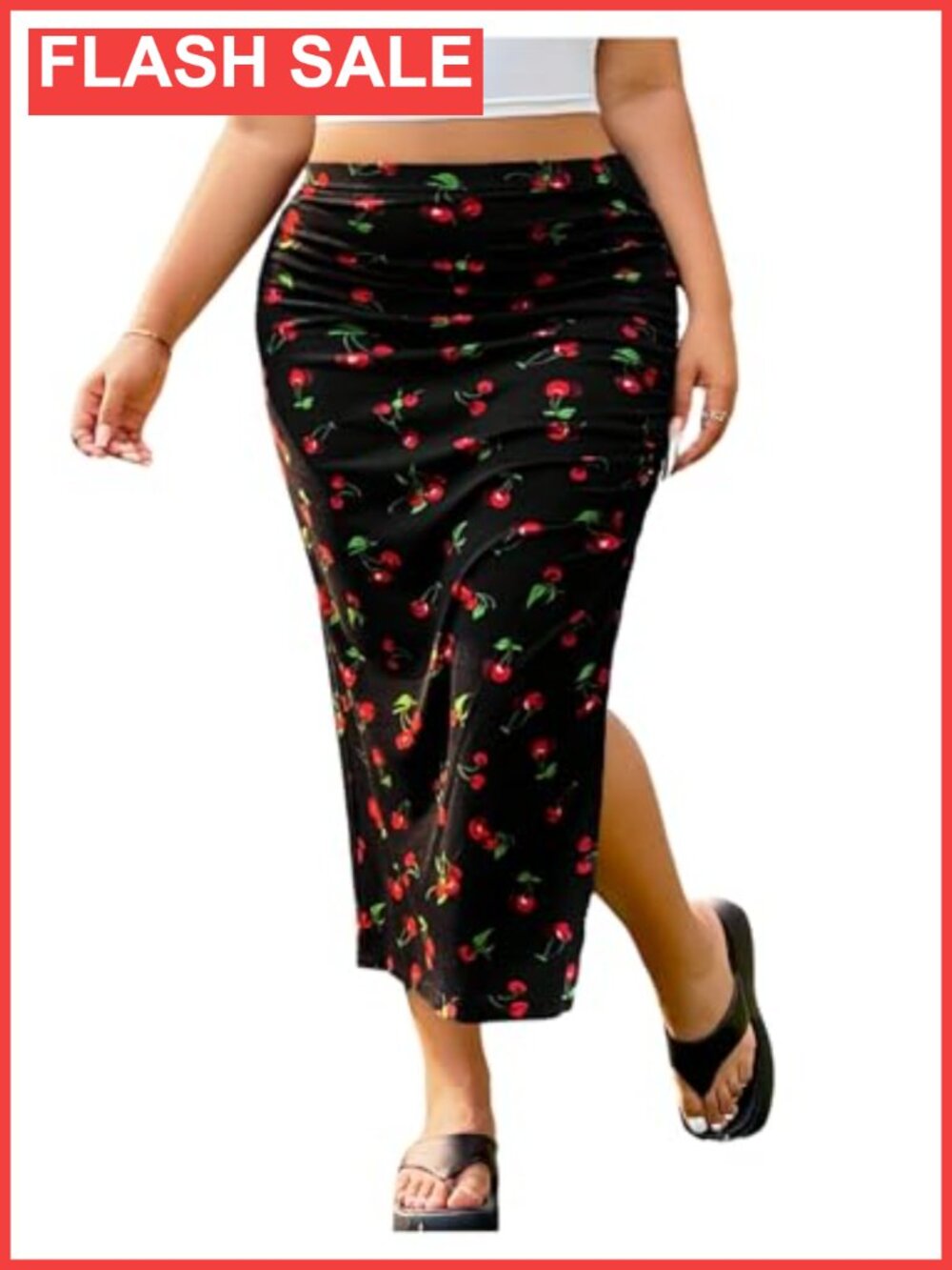 Plus Size Checkered Midi High Waist Pencil Skirt Split Ruched Office